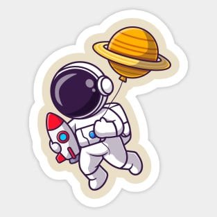 Cute Astronaut Holding Rocket With Planet Balloon Cartoon Sticker